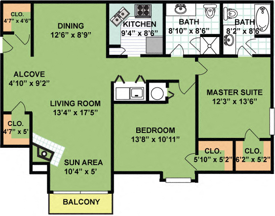 Floor plan for 2 beds, 2 baths, 1311 sqft